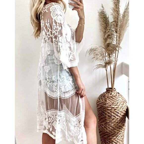 White Crochet Knitted Lace Open Front Kimono Cardigan Bikini Swimsuit Coverup - Picture 3 of 5